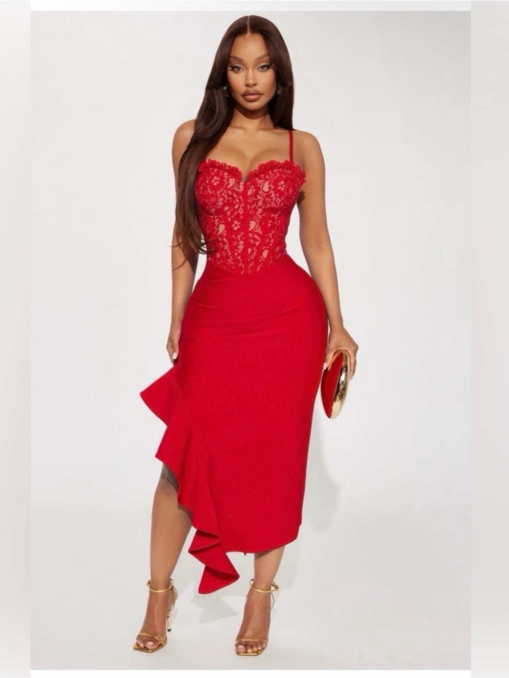 Fashion Nova Red Asymmetrical Lace Dress